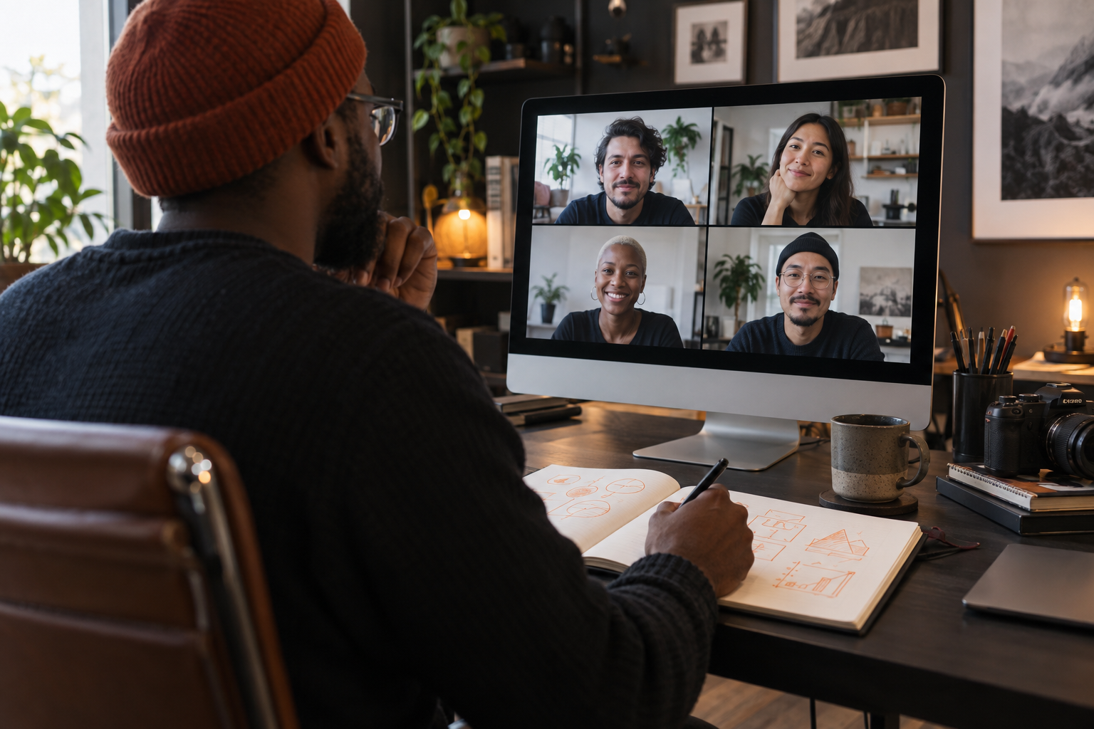 A professional collaborating with a remote creative team