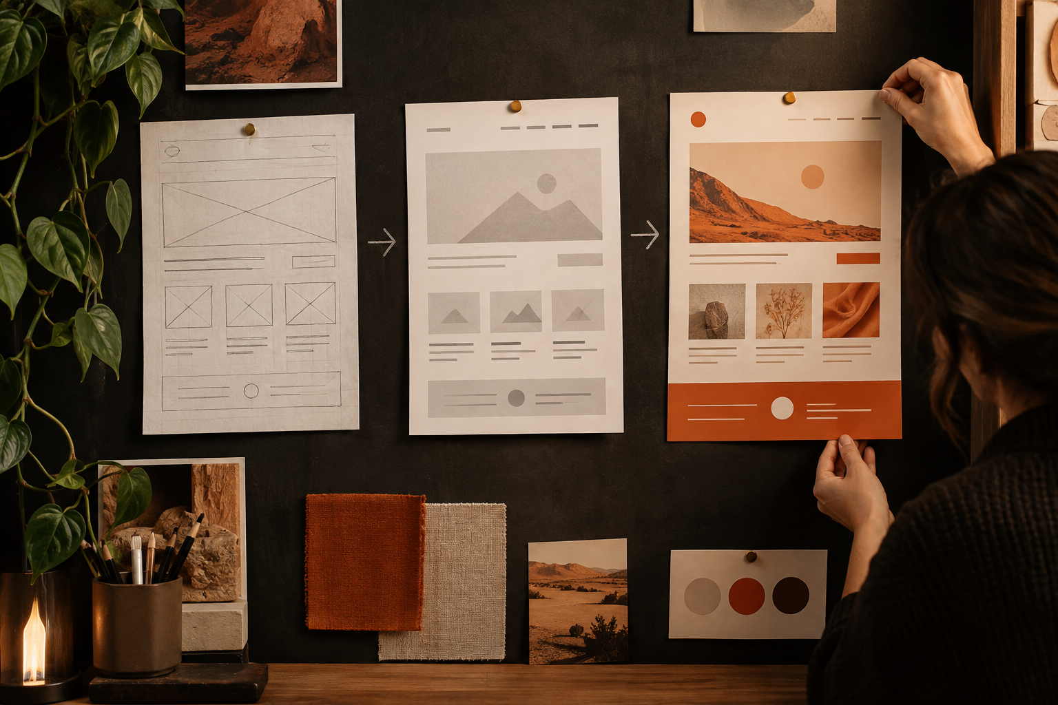 Website design progressing from sketches to a finished layout