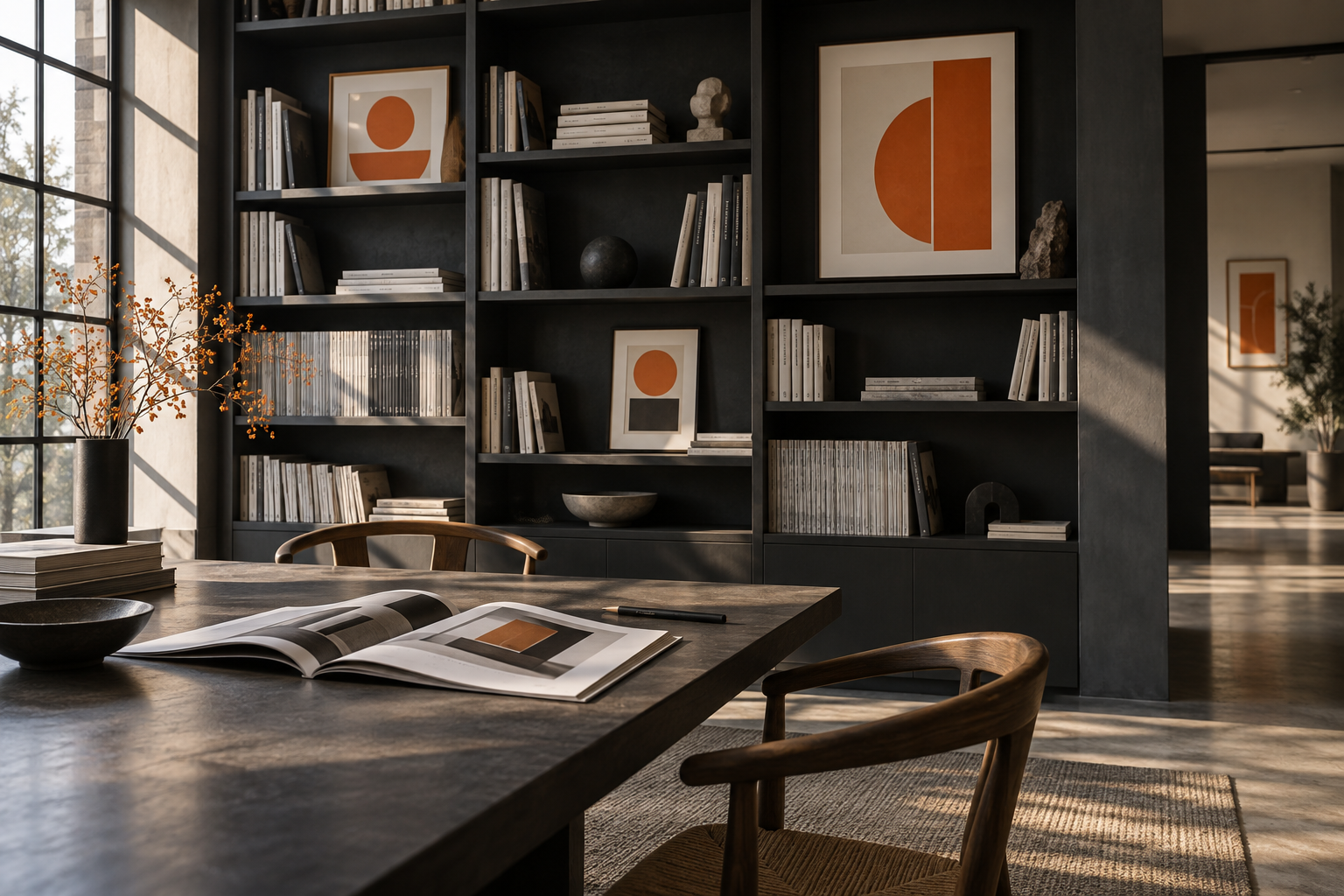 A design research library with books and geometric artwork