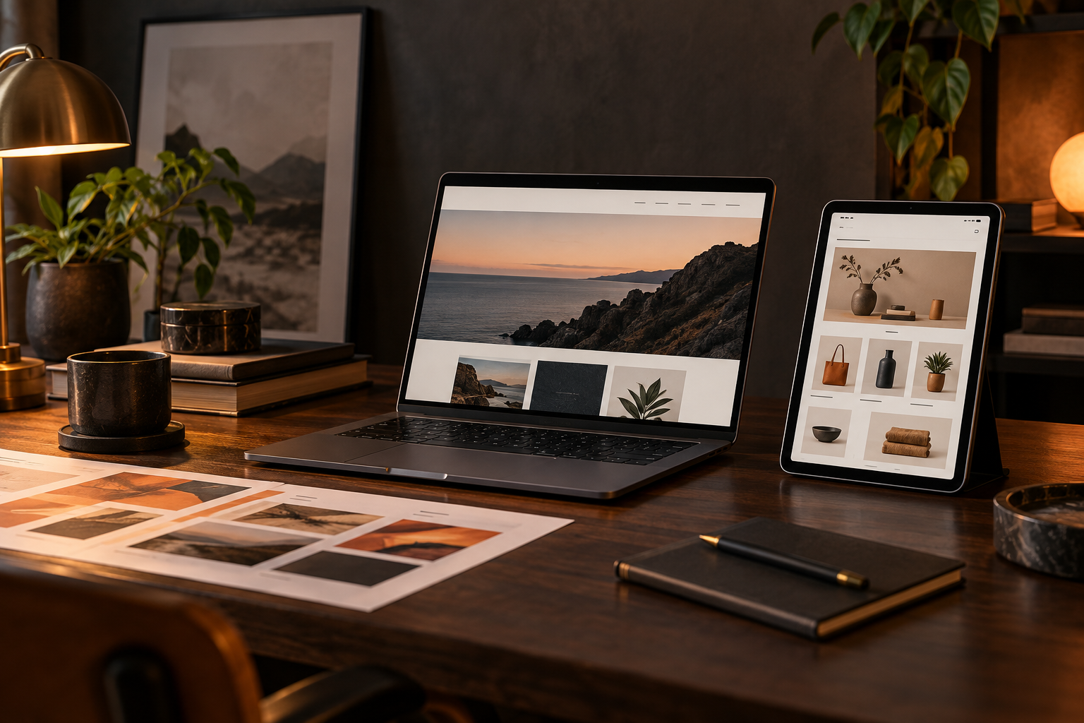 A creative workspace with website and ecommerce designs on a laptop and tablet
