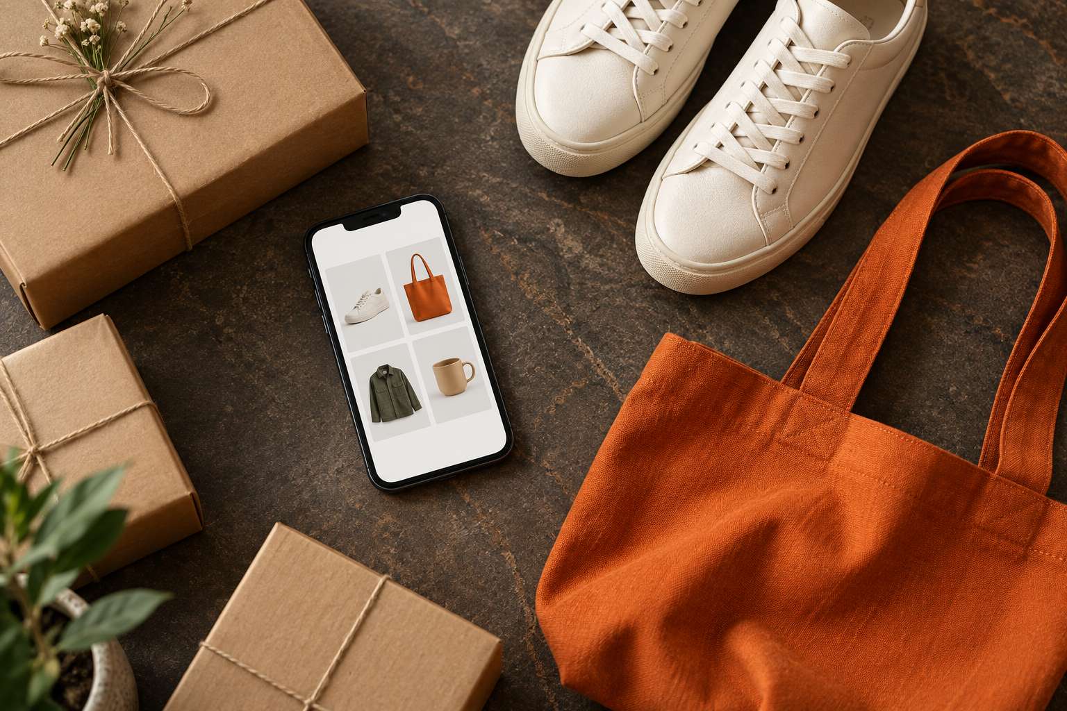 Mobile shopping alongside packaged products and an orange tote