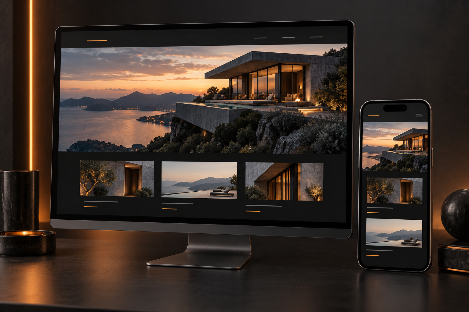 Responsive website layouts displayed on desktop and mobile