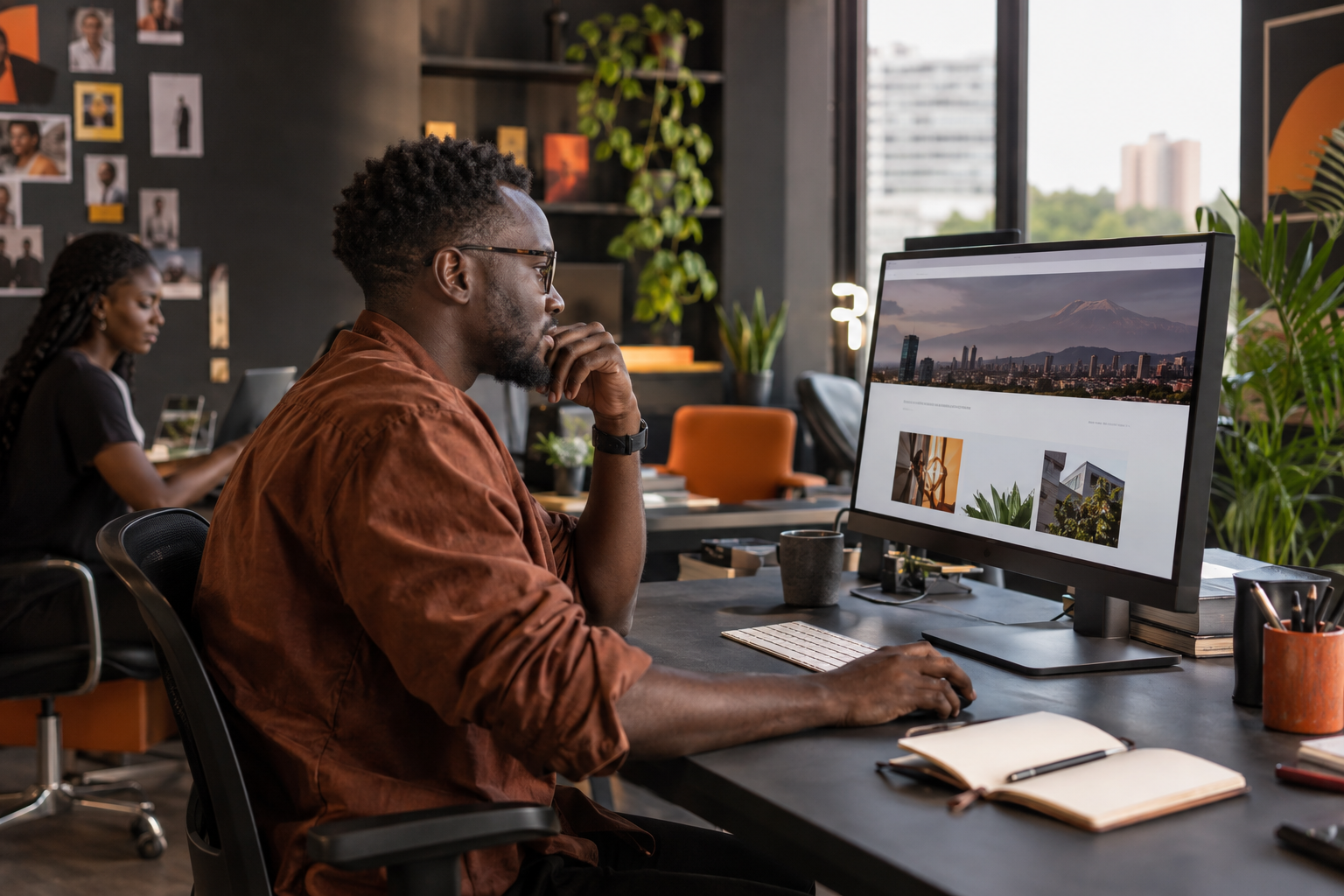 A designer creating a website in a warm, modern studio